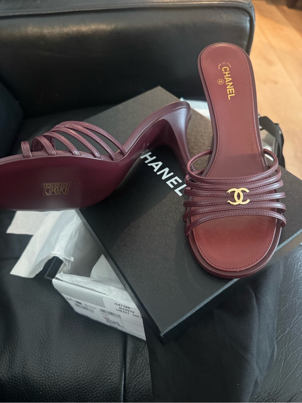 CHANEL Burgundy Multi‑Strap Slide Heels with Gold CC - Picture 2 of 4